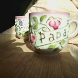 Cheery Papa & Mama coffee cup pair. Antique.
